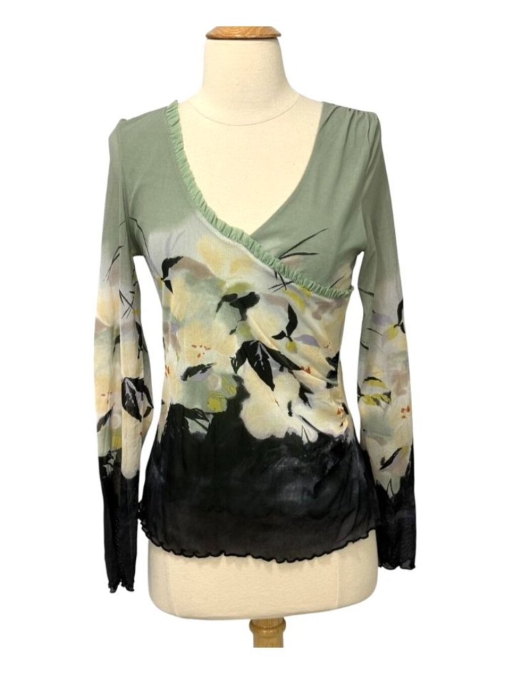 Anthropologie Women's NWT Mesh Faux Wrap Top Y2K Floral Asian Boho Artsy Size L